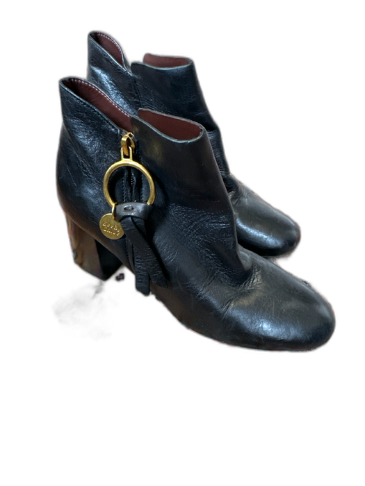 See By Chloe Shoe Size 38 Black & Gold Leather Block Heel Side Zip Booties Black & Gold / 38