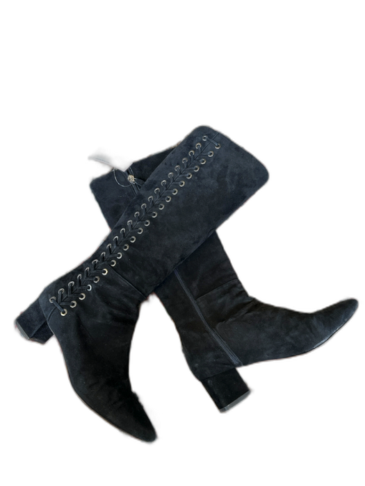 Aquatalia Shoe Size 7.5 Black Suede Lace Up Side Zip Block Heel Boots Black / 7.5