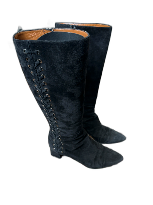 Aquatalia Shoe Size 7.5 Black Suede Lace Up Side Zip Block Heel Boots Black / 7.5