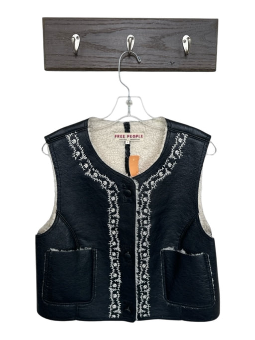 Free People Size M Black & Cream Vegan Leather Faux Shearling Embroidered Vest Black & Cream / M