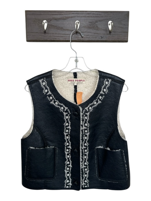 Free People Size M Black & Cream Vegan Leather Faux Shearling Embroidered Vest Black & Cream / M