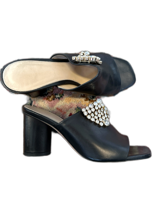 Stuart Weitzman Shoe Size 7.5 Black & Silver Leather Rhinestone Block Heel Mules Black & Silver / 7.5