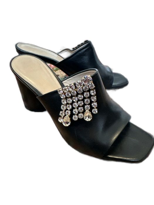 Stuart Weitzman Shoe Size 7.5 Black & Silver Leather Rhinestone Block Heel Mules Black & Silver / 7.5