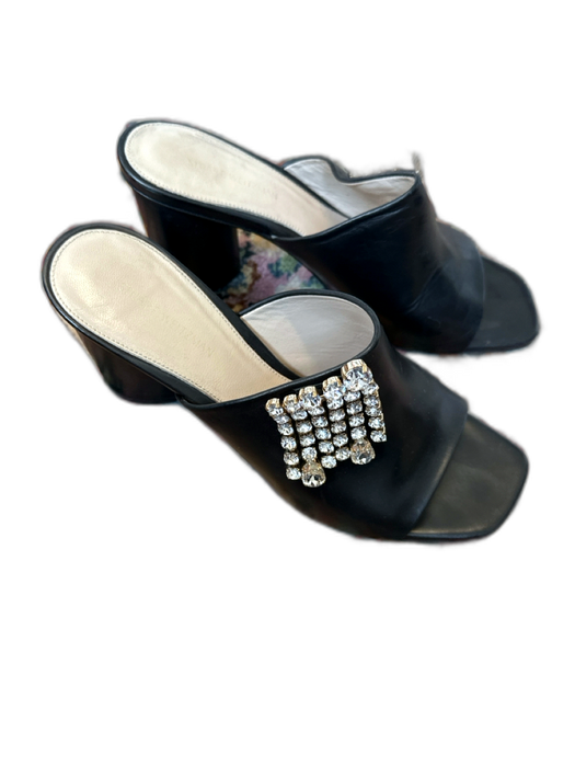 Stuart Weitzman Shoe Size 7.5 Black & Silver Leather Rhinestone Block Heel Mules Black & Silver / 7.5