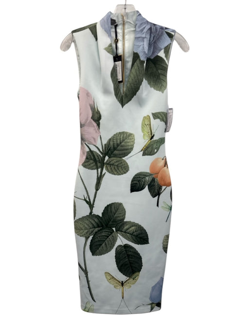 Ted Baker Size 1 Blue & Multi Sleeveless Printed Zip Back V Neck Dress Blue & Multi / 1