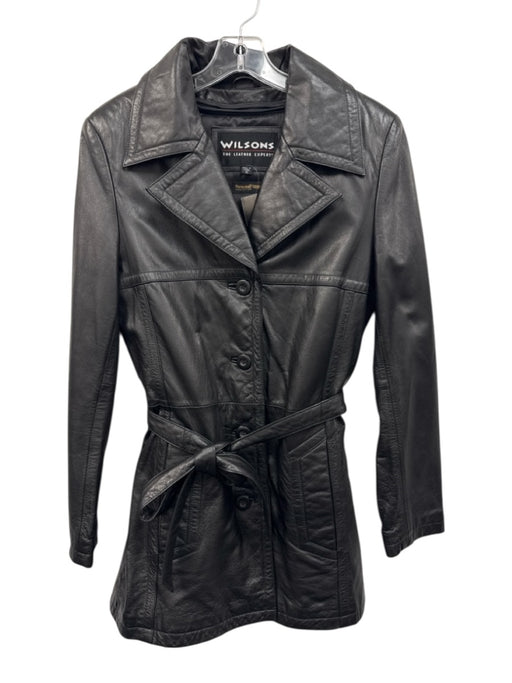 Wilsons Size S Black Leather Button Front Long Sleeve Vintage Coat Black / S