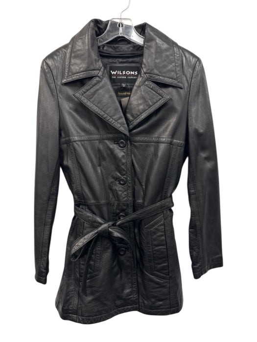 Wilsons Size S Black Leather Button Front Long Sleeve Vintage Coat Black / S