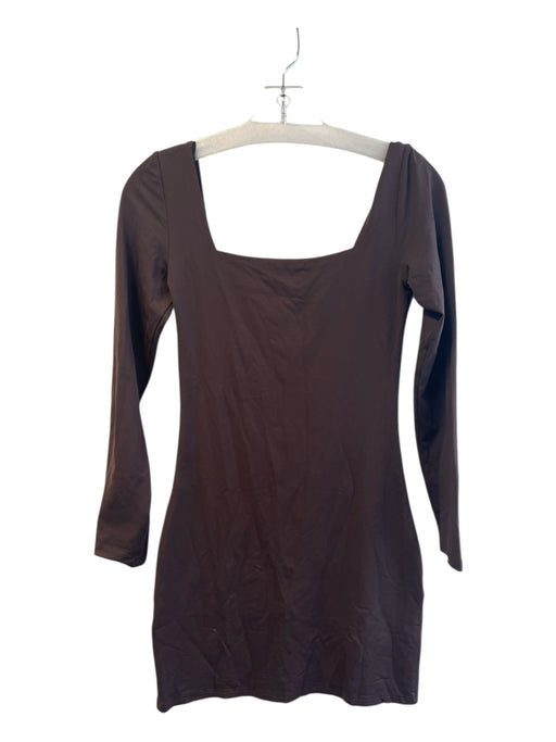 Babaton Size M Brown Nylon Long Sleeve Wide Neck Off Shoulder Thigh Length Dress Brown / M