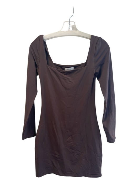 Babaton Size M Brown Nylon Long Sleeve Wide Neck Off Shoulder Thigh Length Dress Brown / M