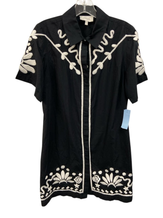 Cleobella Size S Black & White Cotton Button Front Short Sleeve Pockets Dress Black & White / S