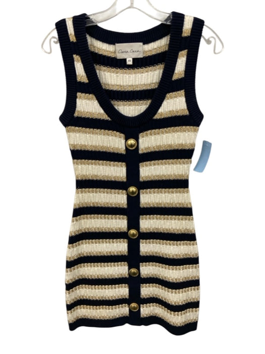 Cara Cara Size XS Cream & Navy Blue Cotton & Polyester Striped Sleeveless Dress Cream & Navy Blue / XS
