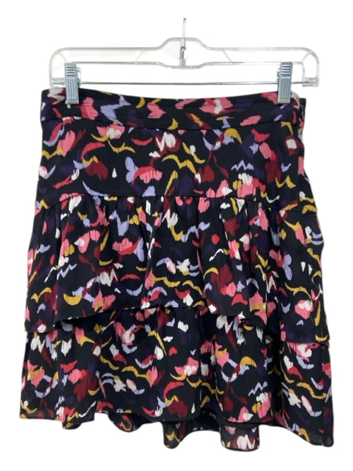A.L.C. Size 4 Black, Pink, Multi Silk Abstract Ikat Tiered Above Knee Skirt Black, Pink, Multi / 4