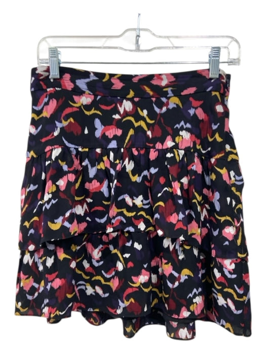 A.L.C. Size 4 Black, Pink, Multi Silk Abstract Ikat Tiered Above Knee Skirt Black, Pink, Multi / 4