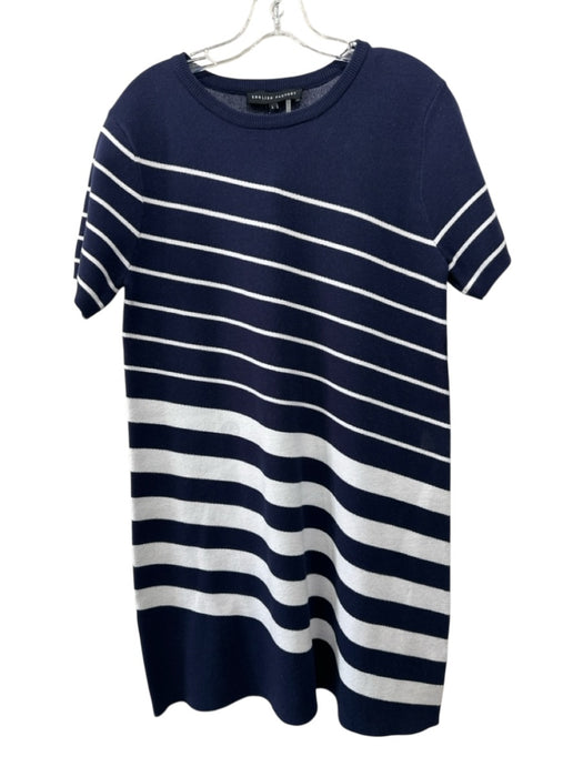 English Factory Size L Navy Blue & White Viscose & Nylon Short Sleeve Knit Dress Navy Blue & White / L