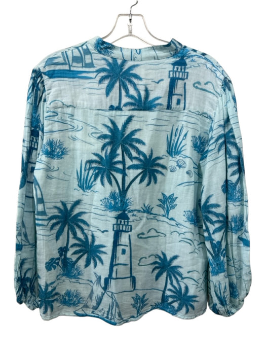 Marigold Size S Blue Multi Cotton Long Sleeve Beach Scene Buttons Gauze Top Blue Multi / S