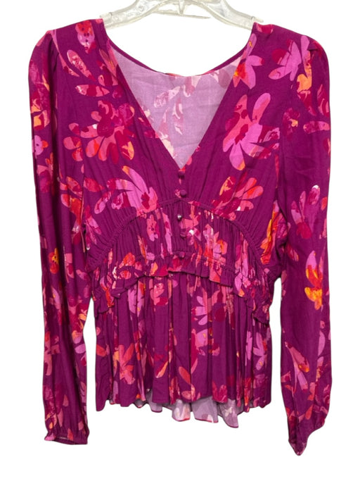 Alivia Size M Purple, Pink, Orange Viscose Long puff sleeve Floral Print Top Purple, Pink, Orange / M