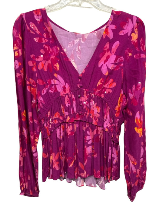 Alivia Size M Purple, Pink, Orange Viscose Long puff sleeve Floral Print Top Purple, Pink, Orange / M