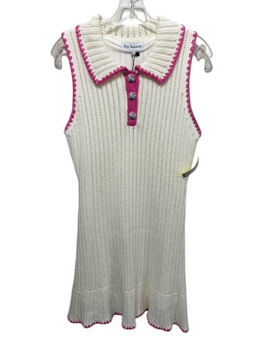 En Saison Size M Cream & pink Acrylic & Cotton Sleeveless Knit Collar Dress Cream & pink / M