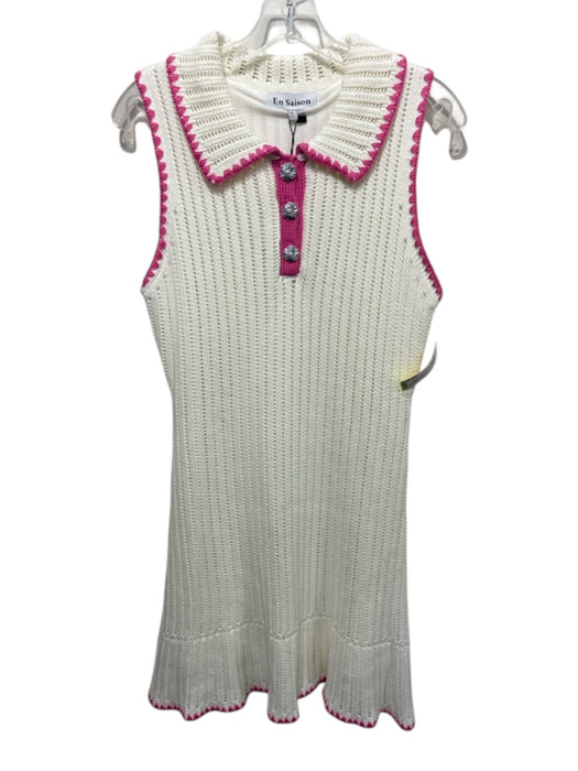 En Saison Size M Cream & pink Acrylic & Cotton Sleeveless Knit Collar Dress Cream & pink / M