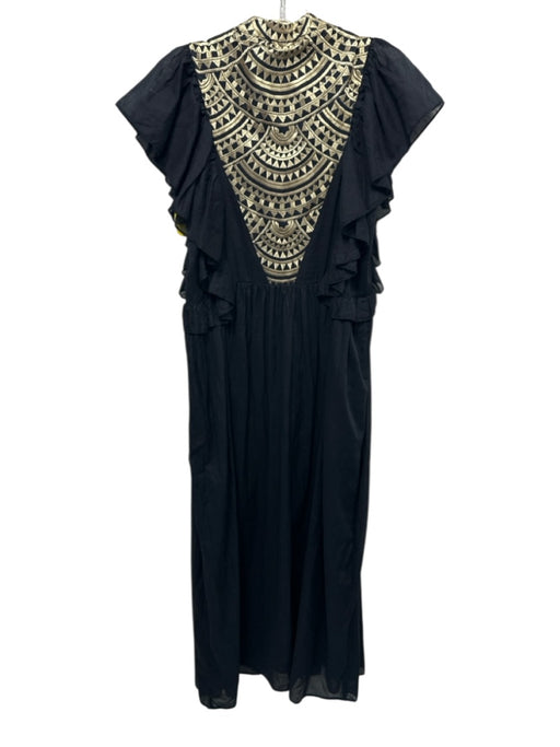 Greek Archaic Kori Size XS Black & Gold Cotton Ruffle Cap Sleeve Midi Dress Black & Gold / XS