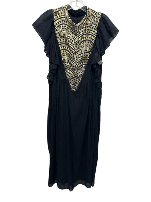 Greek Archaic Kori Size XS Black & Gold Cotton Ruffle Cap Sleeve Midi Dress Black & Gold / XS
