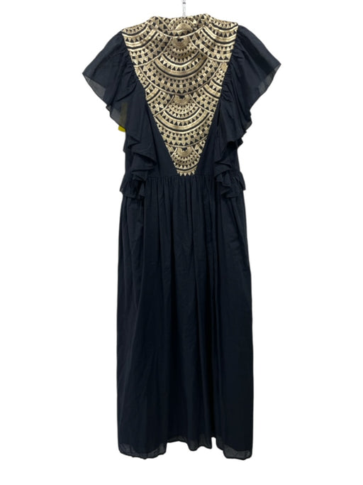 Greek Archaic Kori Size XS Black & Gold Cotton Ruffle Cap Sleeve Midi Dress Black & Gold / XS