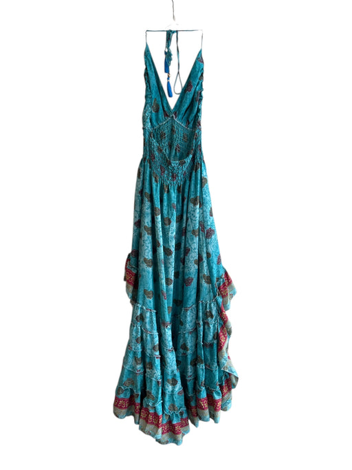 Zury Size Est XS Aqua & Multi Silk Blend Paisley Halter High Low Dress Aqua & Multi / Est XS