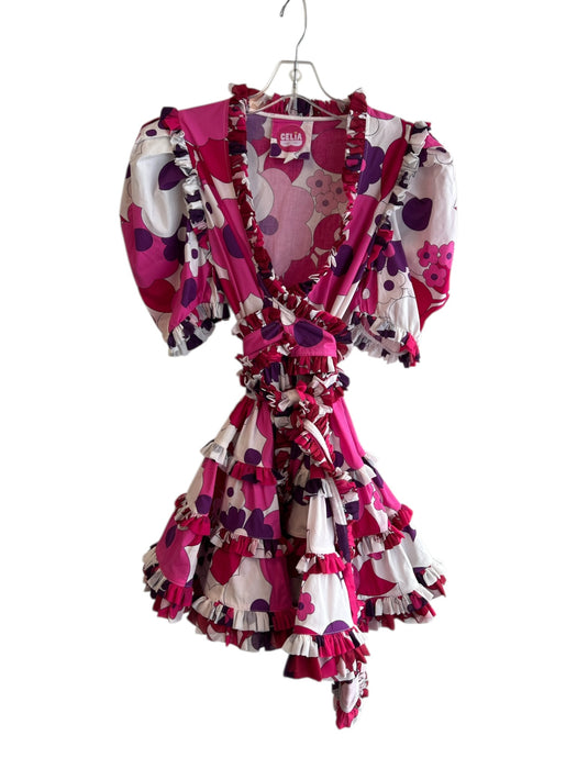 Celia Size XS Purple, Pink & White Cotton Abstract Floral Half Puff Sleeve Dress Purple, Pink & White / XS