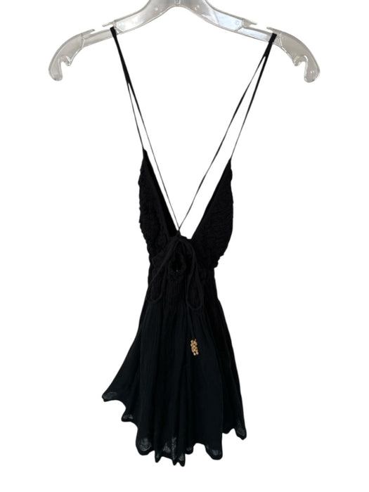 Free People Size XS Black Cotton Mini Backpack Spaghetti Strap Tassels Dress Black / XS