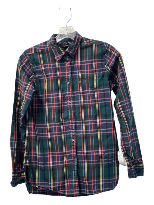 J Crew Size 00 Forest Green & Multi Cotton Collared Button Down Long Sleeve Top Forest Green & Multi / 00