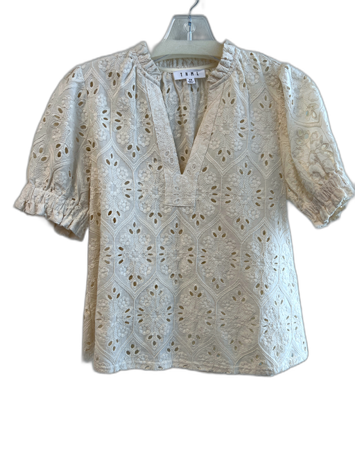 THML Size XS Ivory Cotton Eyelet Short Puff Sleeve Round split neck Top Ivory / XS