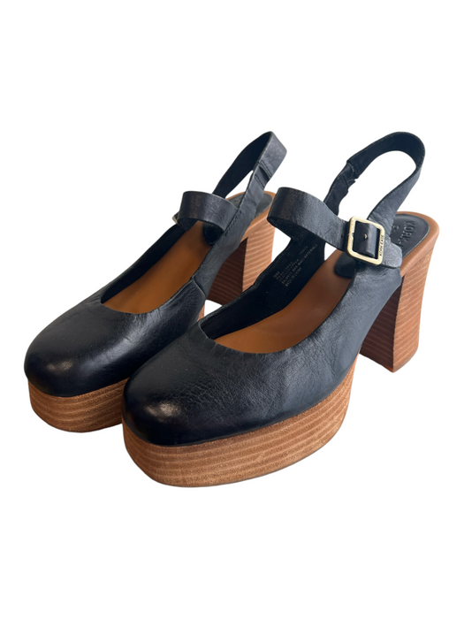 Kork-Ease Shoe Size 9 Black Leather Open Back Platform Round Toe Shoes Black / 9