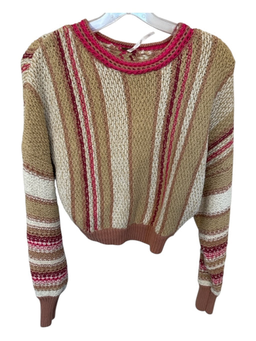 Free People Size S Tan & Pink Cotton Blend Long Sleeve Knit Cropped Sweater Tan & Pink / S