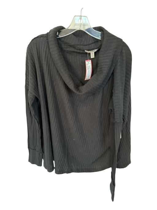 Free People Size M Black Cotton Fold Over Waffle Long Sleeve Sweater Black / M