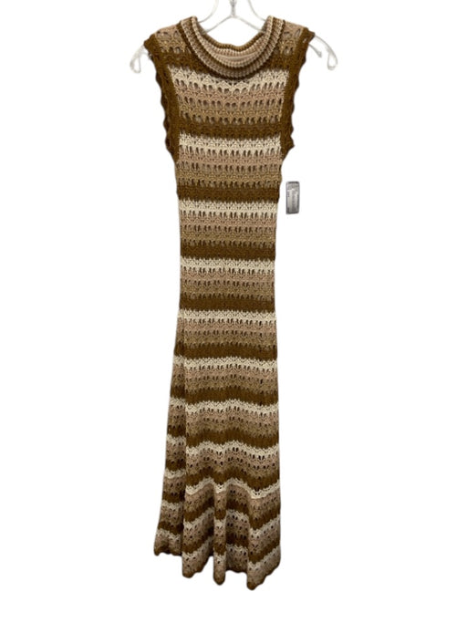 Size Est S Brown, Beige & Cream Polyester Blend Crochet Striped Sleeveless Dress Brown, Beige & Cream / Est S