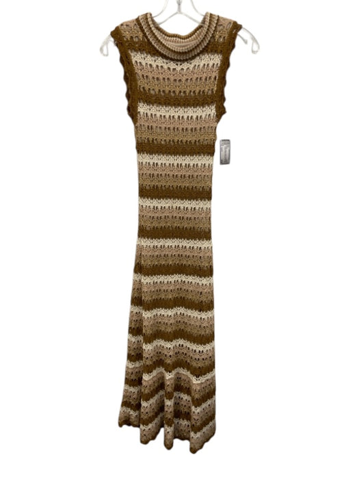 Size Est S Brown, Beige & Cream Polyester Blend Crochet Striped Sleeveless Dress Brown, Beige & Cream / Est S