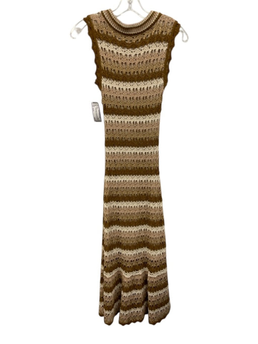 Size Est S Brown, Beige & Cream Polyester Blend Crochet Striped Sleeveless Dress Brown, Beige & Cream / Est S