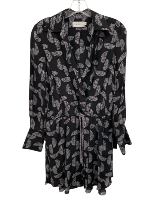 A.L.C. Size 0 Black & White Silk Long Sleeve Spotted Surplice Waist Tie Dress Black & White / 0