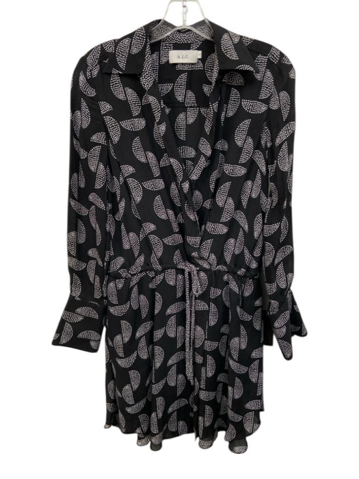 A.L.C. Size 0 Black & White Silk Long Sleeve Spotted Surplice Waist Tie Dress Black & White / 0