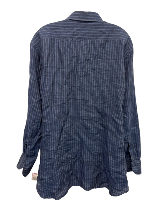 Tintoria Mattei Size 17.5 Blue Linen Striped Button Up Men's Long Sleeve Shirt Blue / 17.5