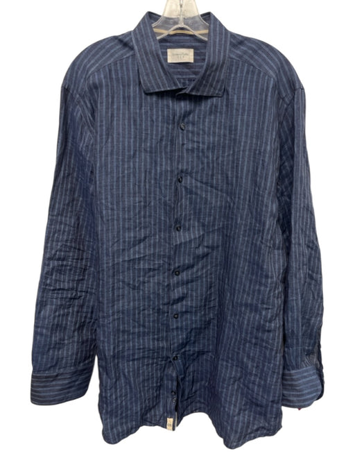 Tintoria Mattei Size 17.5 Blue Linen Striped Button Up Men's Long Sleeve Shirt Blue / 17.5