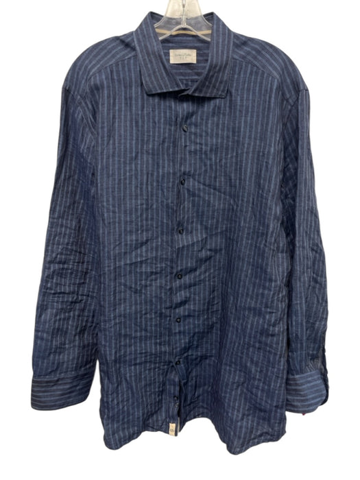 Tintoria Mattei Size 17.5 Blue Linen Striped Button Up Men's Long Sleeve Shirt Blue / 17.5