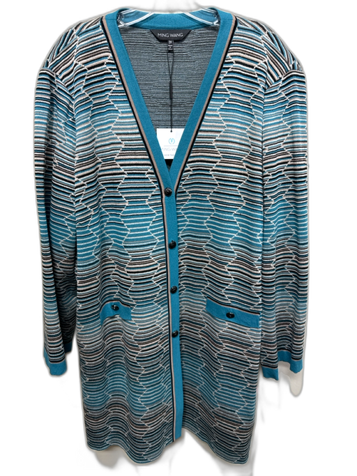 Ming wang Size 2X blue, tan, black Rayon Blend Stripe Shoulder Pads Cardigan blue, tan, black / 2X