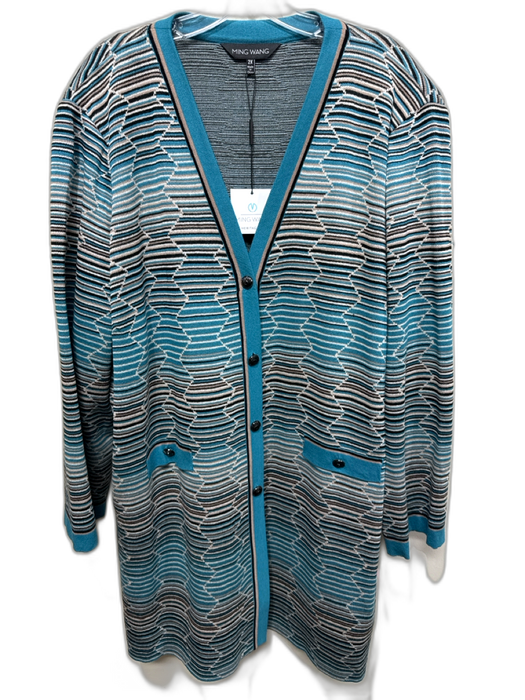 Ming wang Size 2X blue, tan, black Rayon Blend Stripe Shoulder Pads Cardigan blue, tan, black / 2X