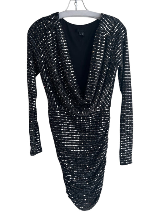 Hours Size Small Black Nylon Blend Sequins Drape Front Long Sleeve Ruched Dress Black / Small