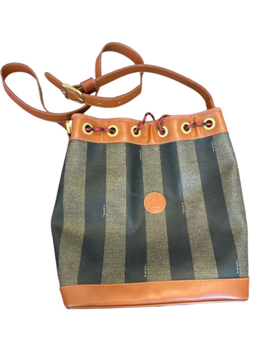 Fendi Brown & Black Leather Coated Canvas Striped Bucket Bag Brown & Black / M