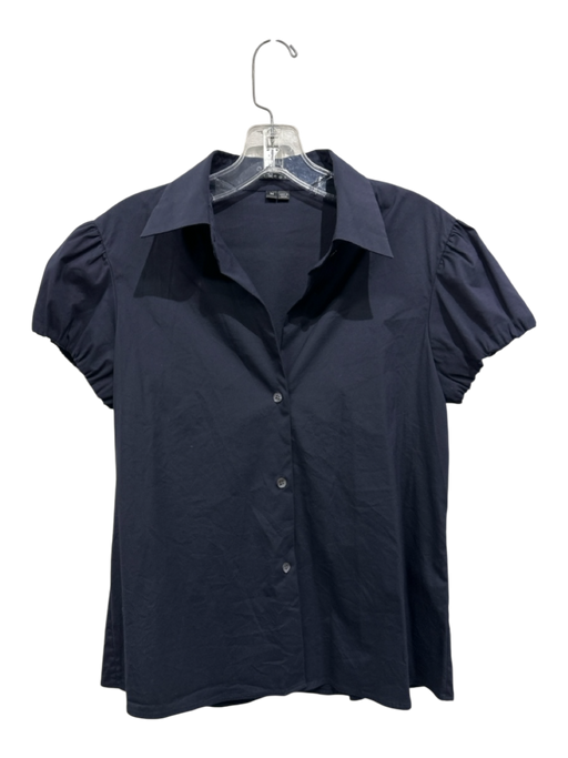 Theory Size M Navy Cotton Blend Short Puff Sleeve Button Up & Collar Top Navy / M
