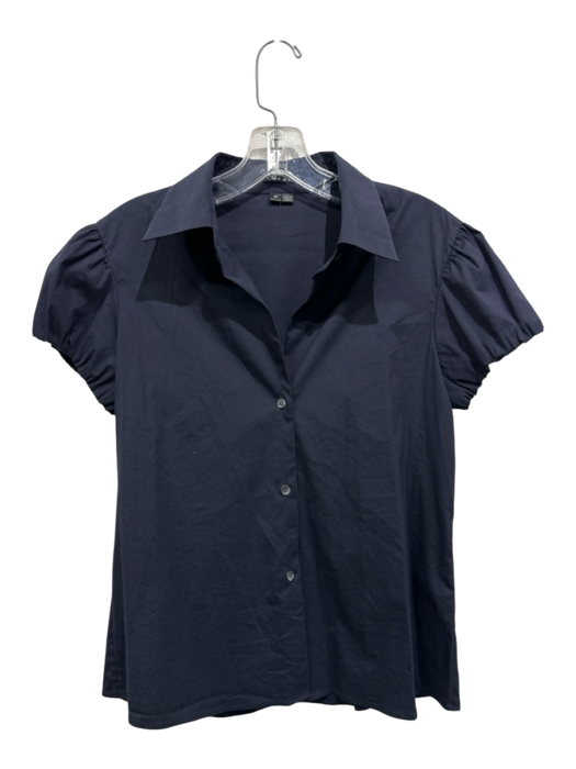 Theory Size M Navy Cotton Blend Short Puff Sleeve Button Up & Collar Top Navy / M