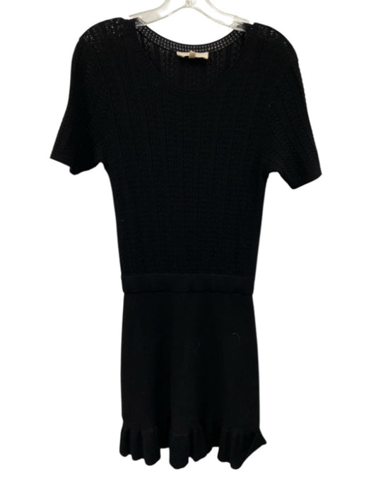 Sezane Size Small Black Viscose Blend Short Sleeve Crochet Knit Ruffle Dress Black / Small