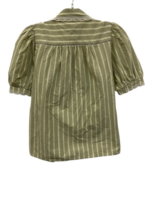 ME+EM Size 4 Green & White Cotton Short Puff Sleeve Striped Ladder Lace Top Green & White / 4